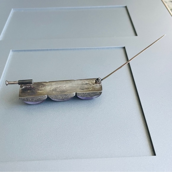 Antique Chinese Carved Amethyst Sterling Silver Ribbed Rectangle Pin Bro… - Picture 5 of 12